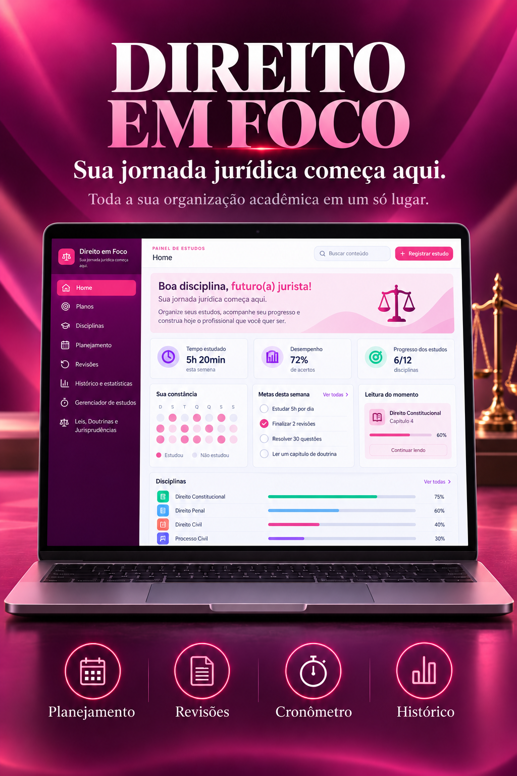 Plataforma Direito em Foco exibida em um notebook, com painel, metas, revisões e cronômetro