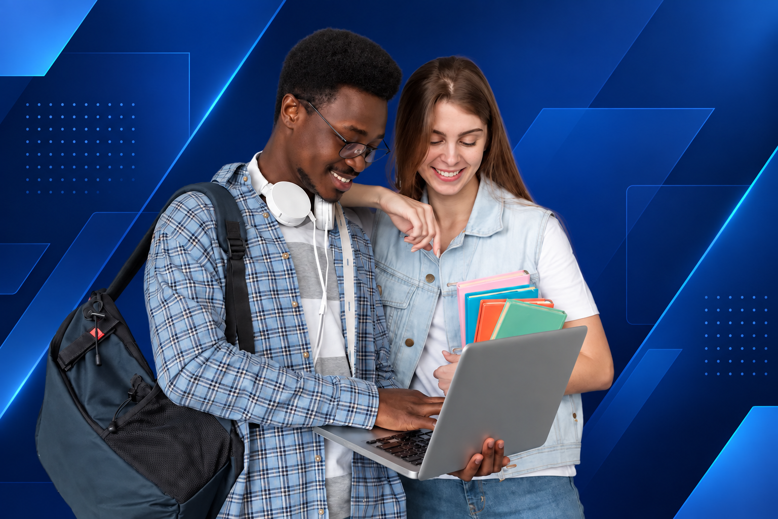 Dois estudantes consultando materiais de estudo em um notebook